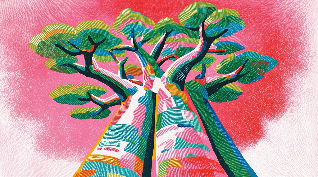Krea 2 illustration of a baobab viewed from below, its branches spreading across a pink sky.