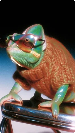 Krea 2 chameleon wearing sunglasses and an orange knit sweater, perched on a reflective metal chair.