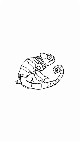 Krea 2 chameleon wearing a sweater, drawn small in sparse black ink lines with broad white negative space.
