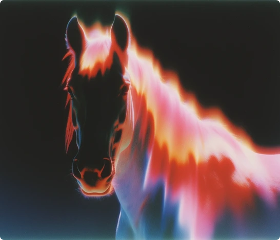 Krea 2 horse portrait with glowing pink, orange, and blue edges against a dark background.