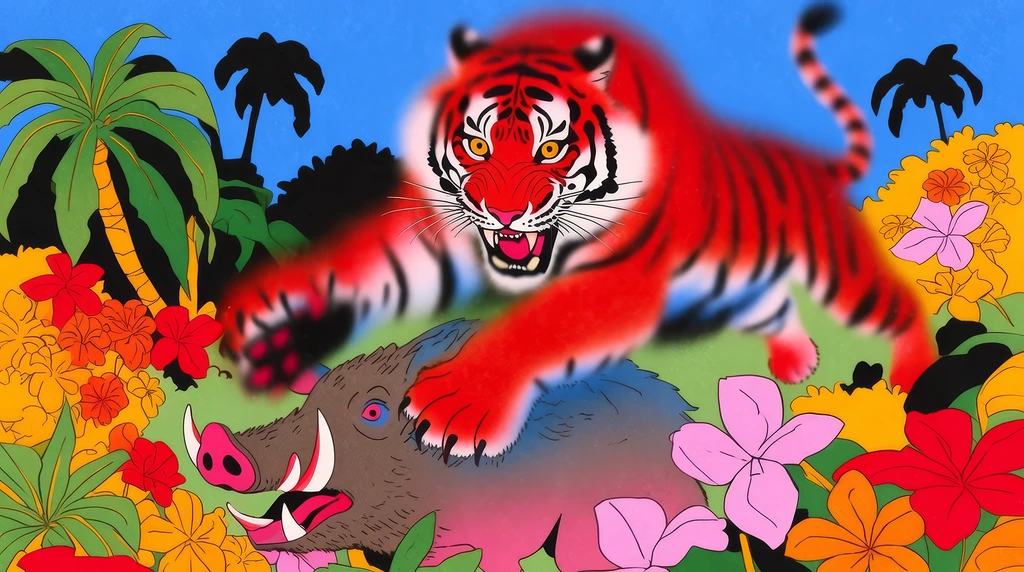 Krea 2 illustration of a red tiger pouncing on a boar amid bright jungle foliage.