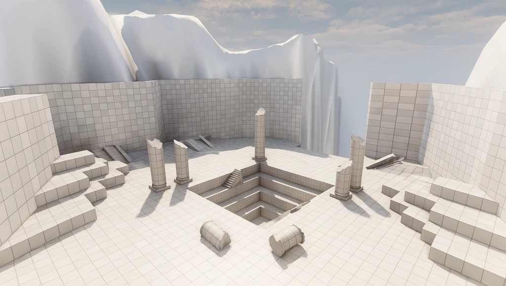 Original: a white arena blockout with a central pit, broken columns, and stepped platforms.